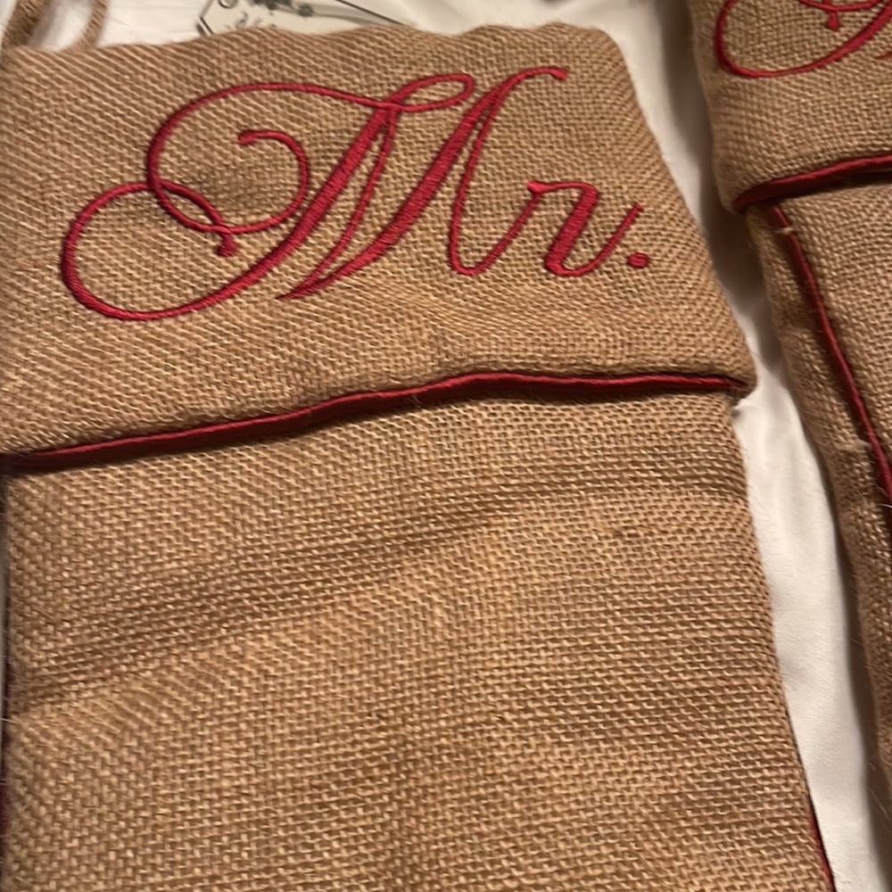 NWT Storehouse Mr and Mrs Stocking 25’ Burlap with Red trims Christmas - Picture 4 of 6